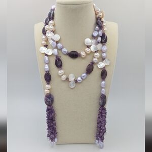 Purple Stone and Pearl Tassel Necklace